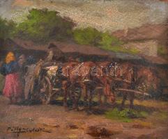 Pállya Celesztin (1864-1948): Kipakolás a piacon. Olaj, falemez, jelzett, 12×14,5 cm