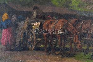 Pállya Celesztin (1864-1948): Kipakolás a piacon. Olaj, falemez, jelzett, 12×14,5 cm