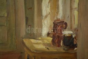 Jelzés nélkül: Konyha ablak. Olaj, vászon-karton, hátoldalon "Bruck Lajos hagyatéka" ragla...