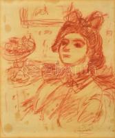 Czóbel Béla (1883-1976): Lány masnival. Vöröskréta, papír, jelzett, foltos, üvegezett keretben, 46×36 cm