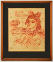 Czóbel Béla (1883-1976): Lány masnival. Vöröskréta, papír,  jelzett, foltos, üvegezett keretben, 46×...