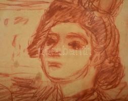 Czóbel Béla (1883-1976): Lány masnival. Vöröskréta, papír,  jelzett, foltos, üvegezett keretben, 46×...