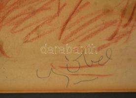 Czóbel Béla (1883-1976): Lány masnival. Vöröskréta, papír,  jelzett, foltos, üvegezett keretben, 46×...