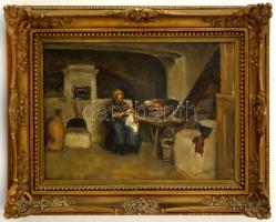 Sinda Nándor (1893-?): Régi konyha. Olaj, falemez, jelzett, antik keretben, 25×35 cm