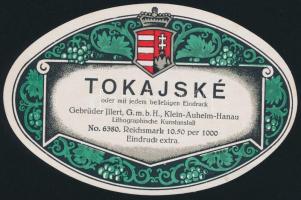 cca 1920-1930 Tokajské, tokaji borcímke, italcímke-minta, cseh nyelven, magyar címerrel, német nyelven, Gebrüder Jllert G.m.b.H. Lithographische Kunstanstalt, Klein-Auheim-Hanau. / cca 1920-1930 Tokajské, wine label,drink label sample, in Czech language, with Hungarian coat of arms, in German language, Gebrüder Jllert G.m.b.H. Lithographische Kunstanstalt, Klein-Auheim-Hanau.