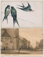 105 db régi képeslap, főleg motívumok és üdvözlők lithokkal, jobbakkal, közte néhány magyar és külföldi városképes
