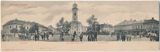 Lugos, Lugoj; Izabella tér, Városháza, Görög katolikus székesegyház, Vármegye háza, piac, Deutsch Testvérek és társa, Ungar A. és Kohn üzlete. Kiadja Auspitz Adolf. Hajtatlan panorámalap / square, market, cathedral, town hall, county hall, shops. Unfolded panoramacard (fl)