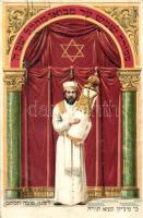 Zsidó újévi üdvözlőlap héber szöveggel / Hebrew Jewish New Year greeting art postcard, Rabbi with Torah, Judaica. Emb. litho (EB)