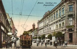 Miskolc, Széchenyi utca, Nagyszálloda, 4-es számú villamos, üzletek, Grünwald Ignác kiadása (EB)