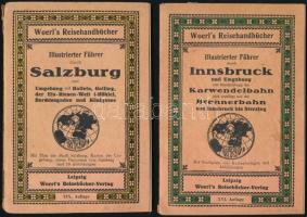 Woerl útikönyvek, 2 db:  Illustrierter Führer durch Innsbruck und Umgebung. Leipzig, é.n. (1923), Woerls Reisebücher-Verlag. 16. kiadás. Kiadói papírkötésben, könyvtest elvált a borítótól, egészoldalas illusztrációkkal, kihajtható térképekkel illusztrálva, két térkép kijár a könyvből, német nyelven.  llustrierter Führer durch Salzburg und Umgebung. Leipzig, é.n. (1922), Woerls Reisebücher-Verlag. 19. kiadás. Kiadói papírkötésben, a könyvtest elvált a borítótól, fekete-fehér egészoldalas, és szövegközti illusztrációkkal, térképekkel, egy kihajtható panoráma képpel, valamint kihajtaható térképekkel illusztrálva, két kihajtható térkép kijár, német nyelven./ Two books from the series of Woerls Reisehandbücher (Innsbruck, Salzburg). Paperbinding, with some fault, the books coming out from the cover, and some maps coming out from the books, in German language.