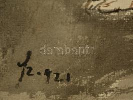 Szőnyi István (1894-1960): Fésülködő anya gyermekeivel. Tus, papír, jelzett, üvegezett kerteben, 30×...