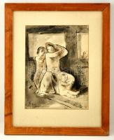 Szőnyi István (1894-1960): Fésülködő anya gyermekeivel. Tus, papír, jelzett, üvegezett kerteben, 30×...