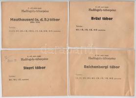 A volt osztr.-magy. Hadifogoly-táborpénz klf tábori pénzei számára készített modern borítékok; Brüxi tábor, Reichenbergi tábor, Mauthauseni (a.d.D.) tábor (1914-1915), Steyri tábor, Reifensteini tábor (Jugoszlávia), Deutschgabeli tábor