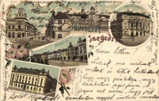 Szeged, Híd utca, Közúti híd, Városi színház, Széchenyi tér, M. kir. posta és távirda hivatal, Regel & Krug floral Art Nouveau litho (EK)
