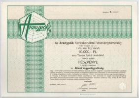 Budapest 1992. Aranypók Kereskedelmi Részvénytársaság egy darab névre szóló részvénye 10.000Ft értékben szárazpecséttel, bélyegzésekkel és szelvényekkel + Aranypók Kereskedelmi Részvénytársaság tíz darab névre szóló részvénye egyenként 10.000Ft értékben (2x) sorszámkövetők, szárazpecséttel, bélyegzésekkel és szelvényekkel T:I-