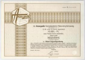 Budapest 1992. "Aranypók Kereskedelmi Részvénytársaság" egy darab névre szóló részvénye 10...