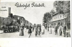 Feled, Veladin, Jesenské; vasútállomás gőzmozdonnyal / railway station, locomotive (r)