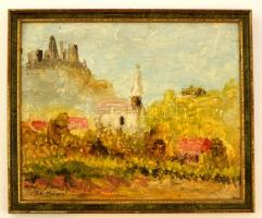 Szabó jelzéssel: Templom a faluban. Olaj, farost, sérült, keretben, 24×30 cm