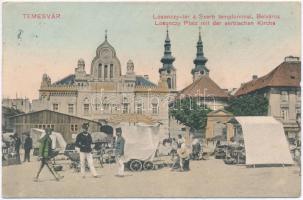 Temesvár, Timisoara; Losonczy tér, Szerb templom, Szerb ortodox püspöki palota, belváros, piac, árusok. Moravetz Testvérek kiadása / Serbian Orthodox bishops palace and church, market vendors, square