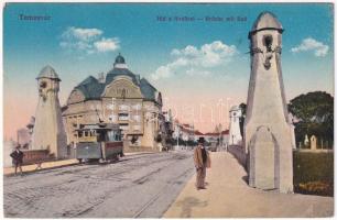 1917 Temesvár, Timisoara; Híd a fürdővel, villamos / bridge, spa, tram