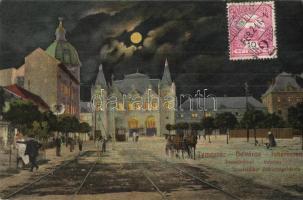 1913 Temesvár, Timisoara; Józsefváros, belváros, indóház, vasútállomás, este / Josefstädter Bahnhof / Iosefin railway station at night. TCV card
