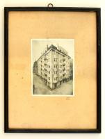 cca 1920 Bánó fotó Budapest, V. kerület Veres Pálné u.33 alatti ház, retusált fotó, üvegezett keretben, 15×12 cm