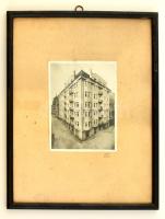 cca 1920 Bánó fotó Budapest, V. kerület Veres Pálné u.33 alatti ház, retusált fotó, üvegezett keretben, 15×12 cm