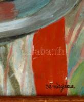 Vörös jelzéssel: Asztali csendélet. Akril, papír, sérült, keretben, 29×39 cm