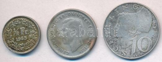 3db-os vegyes külföldi ezüstpénz tétel, közte Ausztrália 1946. 1sh Ag + Ausztria 1957. 10Sch Ag + Svájc 1965. 1/2Fr Ag T:2,2- 3pcs of various silver coins, including Australia 1946. 1 Shilling Ag + Austria 1957. 10 Schilling Ag + Switzerland 1965. 1/2 Franc Ag C:XF,VF