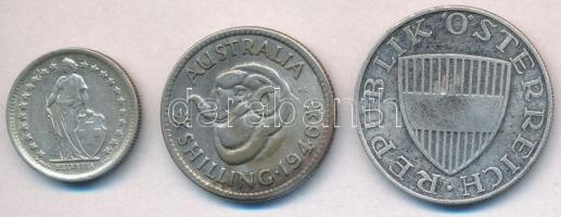 3db-os vegyes külföldi ezüstpénz tétel, közte Ausztrália 1946. 1sh Ag + Ausztria 1957. 10Sch Ag + Sv...