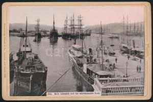 1899 Fiume, Molo Adamich, úszódokk, kikötő, gőzhajók, Stengel & Co. 4755., kartonra kasírozva, 10x16 cm / Fiume, port, steamships, photo