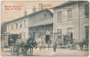 Pöstyén-fürdő, Piestany; Vasútállomás lovashintókkal. Leporellolap belül a Tüköry és Machovich villával, tolókocsival és Fischer szállóval / Eisenbahn Station / railway station with horse carts. Leporellocard with villas, hotel (Rb)