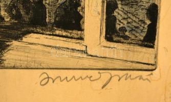 Imre István (1918-1983): Ablakban. Rézkarc, vetemedett karton, jelzett, keretben, 32×26 cm