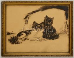 Rainerné Istvánffy Gabriella (1875-1964): Kutya macska barátság. Rézkarc, papír, jelzett, üvegezett keretben, 31×42 cm