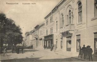 Rimaszombat, Rimavska Sobota; Erzsébet tér, Lévai Izsó üzlete, Hungária szálloda, étterem és kávéház / square, hotel, cafe, restaurant, shop