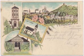 1898 Versec, Vrsac; Víztorony, Hegyi kápolna, Polgári lövölde. Özv. Kirchner-féle műintézet / water tower, chapel, shooting hall, floral, litho