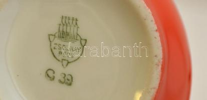 Zsolnay piros hiányos kávéskészlet, jelzett, kopásnyomokkal