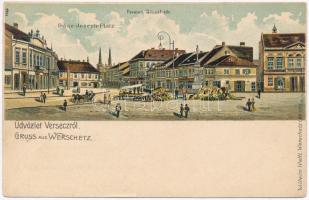 Versec, Vrsac; Ferenc József tér, piac, Wilhelm Wettl 9441. / Franz-Joseph-Platz / square, market, litho