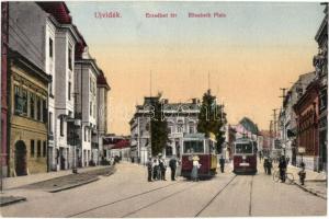 Újvidék, Novi Sad; Erzsébet tér, villamosok / Elisabeth Platz / square, trams