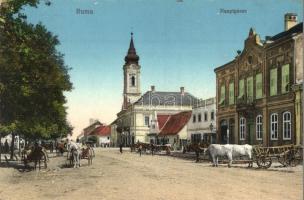 Árpatarló, Ruma; Fő utca, templom, ökör szekér / Hauptgasse / main street, church, oxen cart