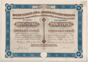 Budapest 1926. Magyar Kender-, Len- és Jutaipar Részvénytársaság huszonöt részvénye egyben 1000P értékben, szelvényekkel, szárazpecséttel + 1946. Magyar Kender-, Len- és Jutaipar Részvénytársaság Részvényutalvány 1 részvényről 40 pengő értékben, szárazpecséttel T:III anyaghiány