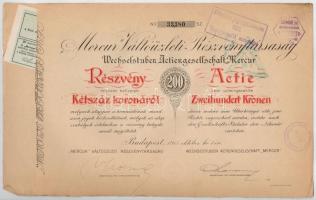 Budapest 1913. Mercur Váltóüzleti Részvénytársaság részvénye 200K-ról bélyegzésekkel, szelvényekkel T:II