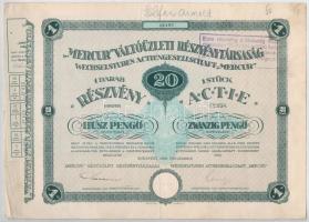 1926. "Mercur Váltóüzleti Részvénytársaság" részvénye 20P-ről, magyar és német nyelven szelvényekkel, felülbélyegzéssel T:III