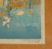 Török Endre (1926-1980): Vitorlások a Balatonon. Színes linó, karton, jelzett, keretben, 26×33 cm