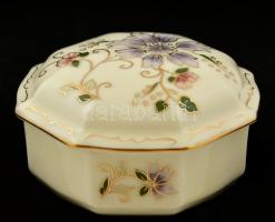 Zsolnay virágmintás porcelán dobozka, kézzel festett, jelzett, hibátlan, d: 9 cm, m: 5 cm