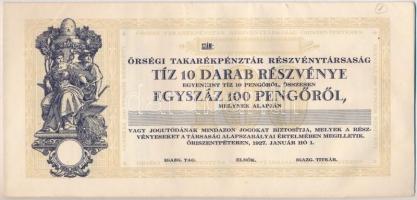 Őriszentpéter 1927. "Őrségi Takarékpénztár Részvénytársaság" 10db részvénye egyben 100P-ről, kitöltetlen T:I-