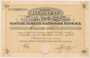 Budapest 1920. Magyar Nemzeti Gazdasági Bank Rt. 1/5 részvénye 100K-ról, szárazpecséttel, szelvényekkel T:III