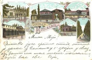 1899 Buziás, gyógyterem, Mihály és József forrás, Meleg fürdő, Fasor, bazár / spa, springs, bazaar, floral, Art Nouveau litho. Adolf Knina (fl)