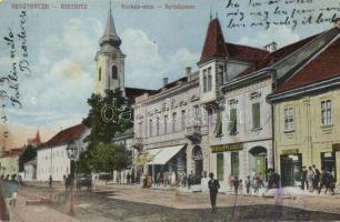 Beszterce, Bistritz, Bistrita; Kórház utca, Bartha Mária üzlete, Sahling szálloda / Spitalgasse, Bistritzer Riemer Association / street, shops, hotel (fl)