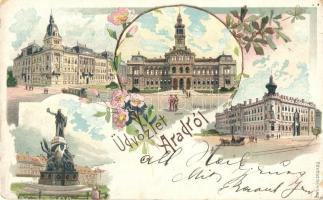 1898 Arad, Városház tér, Csanádi palota, Pénzügyi palota. Révész Nándor kiadása / town hall square, financial palace, statue. floral, Art Nouveau litho (kis szakadás / small tear)